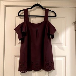 Off the shoulder eyelet trim shirt